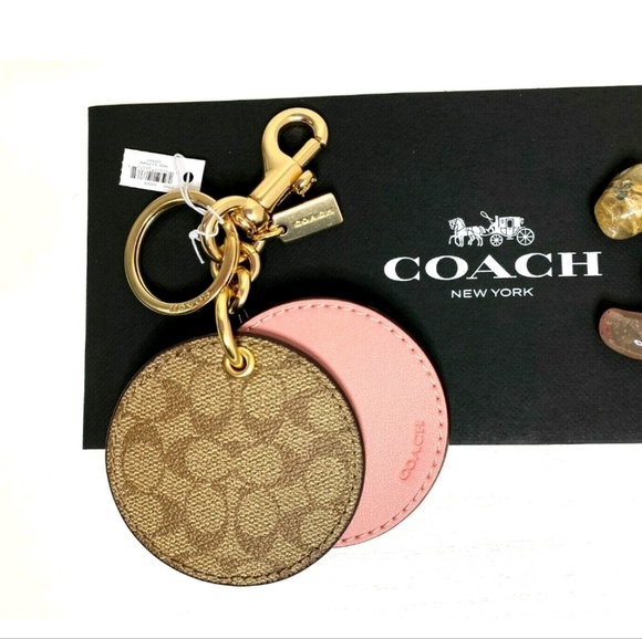 Coach Accessories - Nwt Coach Canvas Leather Mirror Bag Charm In Khaki/Pink! 🩷